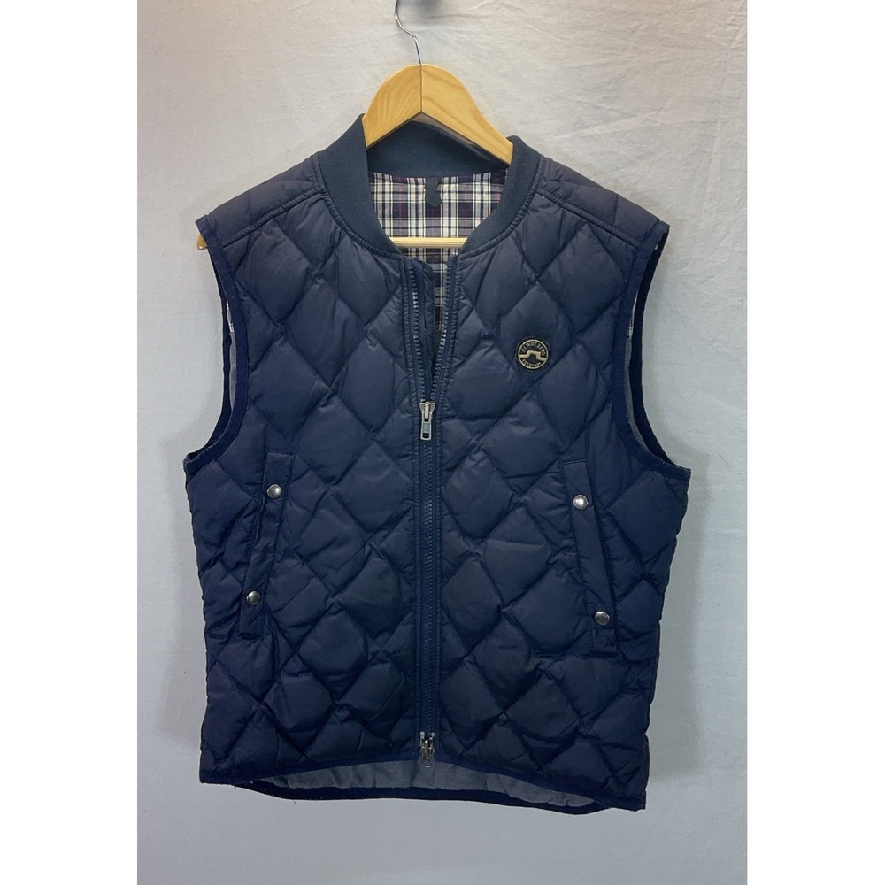 J. Lindeberg Down Puffer Vest Size Medium Blue Silver Snap Plaid Liner Golf